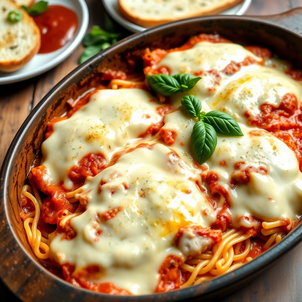 Cheesy Chicken Parmesan Casserole Recipe A delicious chicken parmesan casserole topped with melted cheese and fresh basil, served in a rustic dish.